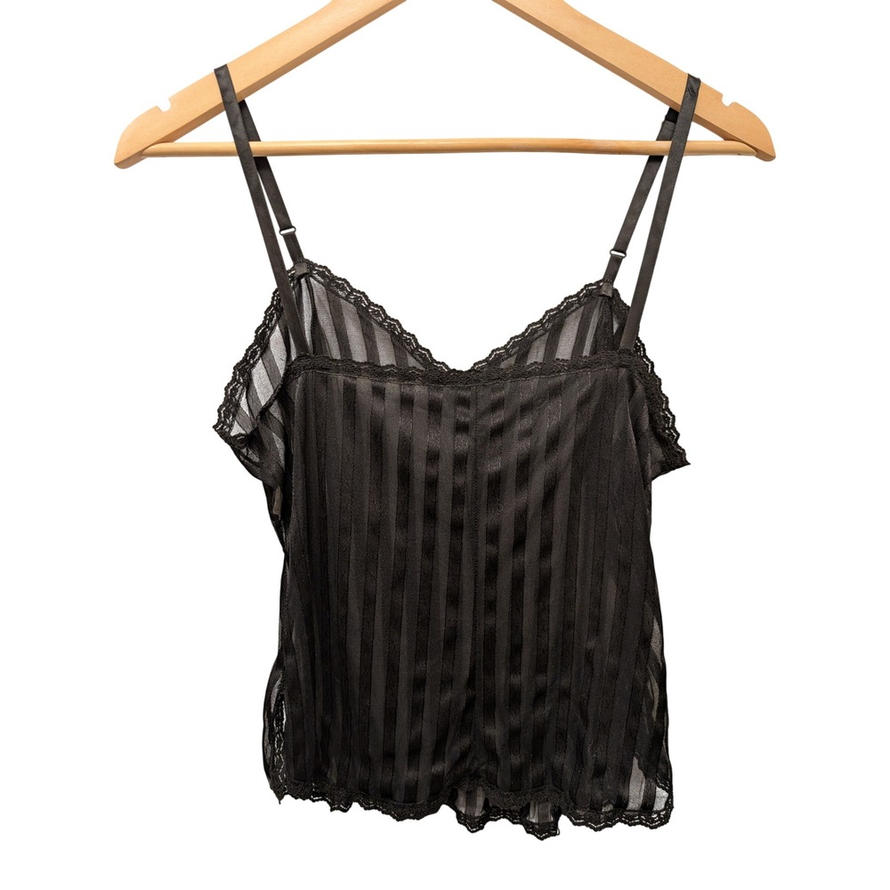 Vintage Union Made Sheer Striped Lace Trim Camisole Top Lingerie Y2K Black
